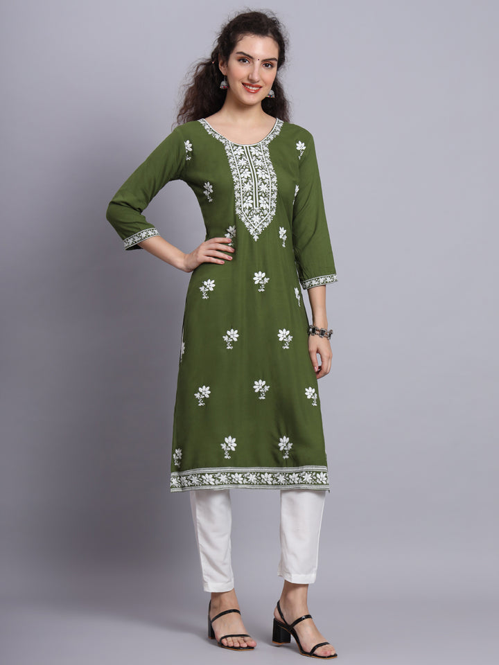 Chikankari Embroidered Straight Kurta | Resham Rayon Lucknowi Kurti