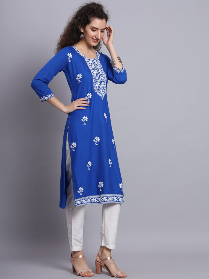 Chikankari Embroidered Straight Kurta | Resham Rayon Lucknowi Kurti