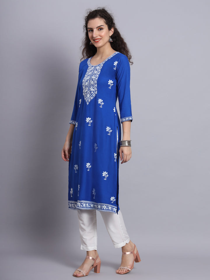 Chikankari Embroidered Straight Kurta | Resham Rayon Lucknowi Kurti