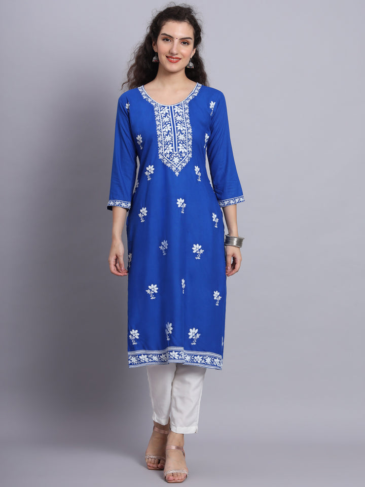 Chikankari Embroidered Straight Kurta | Resham Rayon Lucknowi Kurti