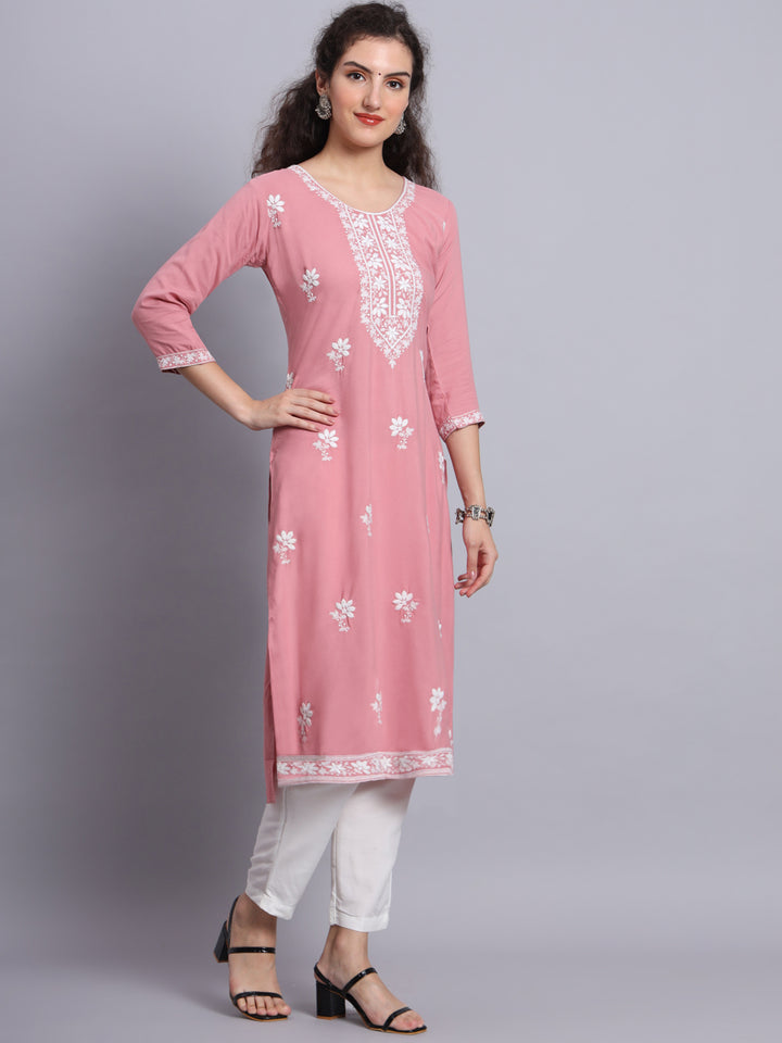 Chikankari Embroidered Straight Kurta | Resham Rayon Lucknowi Kurti