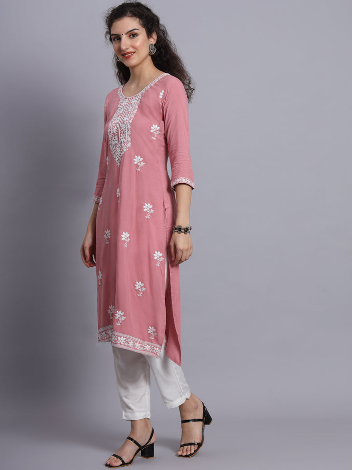 Chikankari Embroidered Straight Kurta | Resham Rayon Lucknowi Kurti