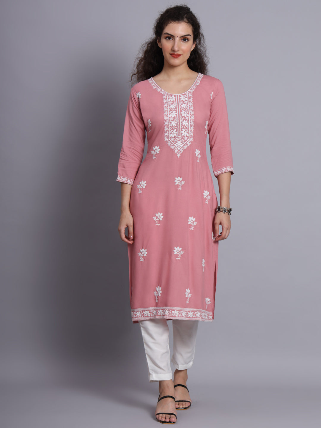 Chikankari Embroidered Straight Kurta | Resham Rayon Lucknowi Kurti