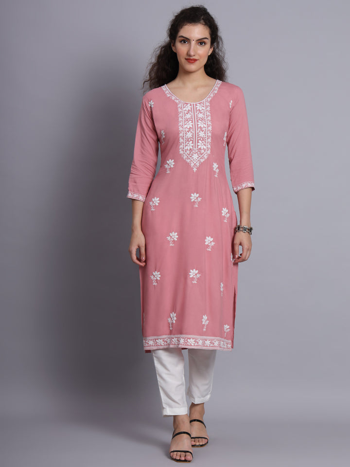 Chikankari Embroidered Straight Kurta | Resham Rayon Lucknowi Kurti