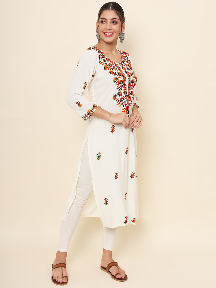 Embroidered Straight Kurti | Rayon Long Kurta with Multithread Work