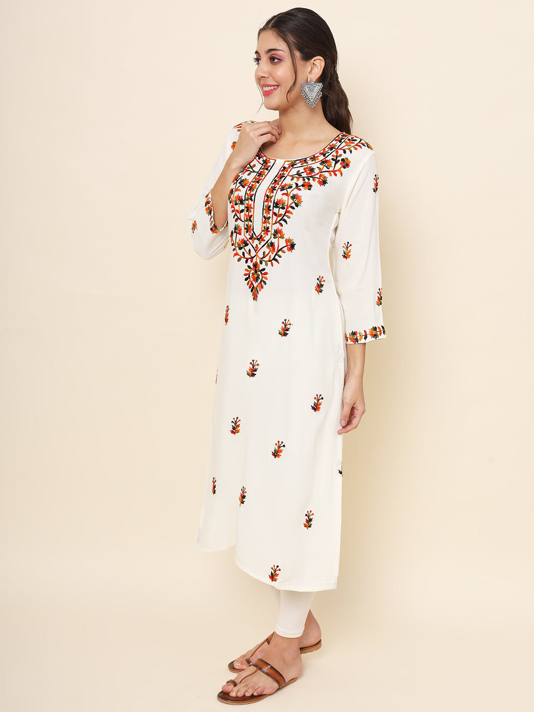 Embroidered Straight Kurti | Rayon Long Kurta with Multithread Work