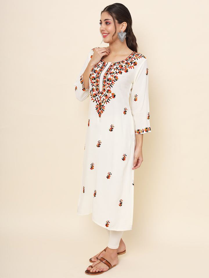 Embroidered Straight Kurti | Rayon Long Kurta with Multithread Work