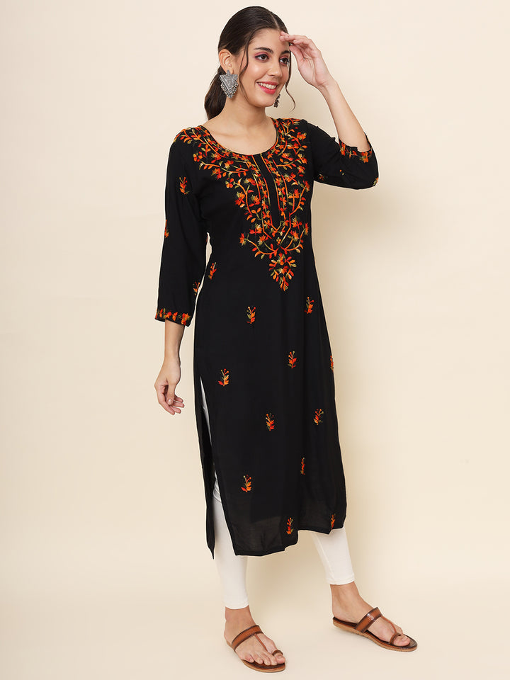 Embroidered Straight Kurti | Rayon Long Kurta with Multithread Work