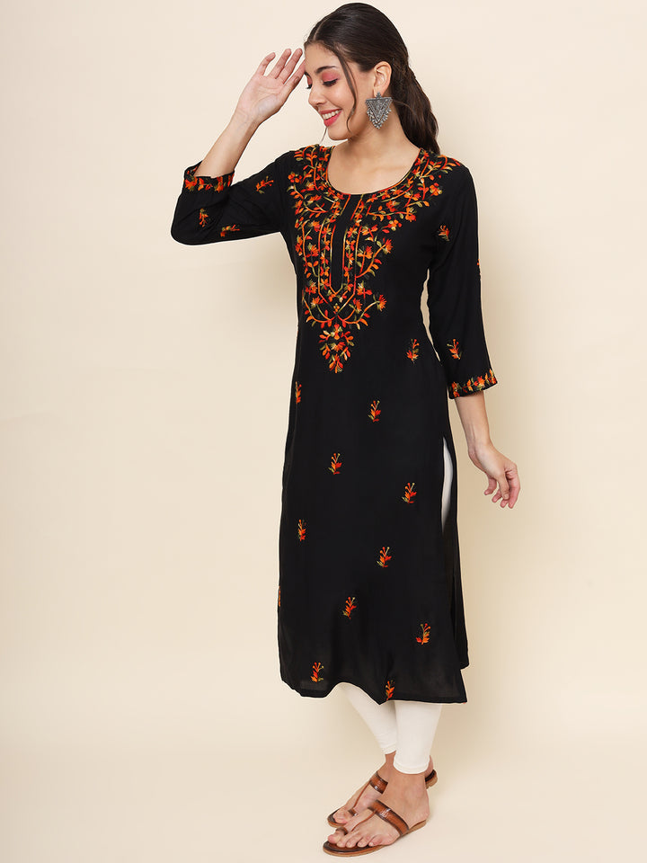 Embroidered Straight Kurti | Rayon Long Kurta with Multithread Work