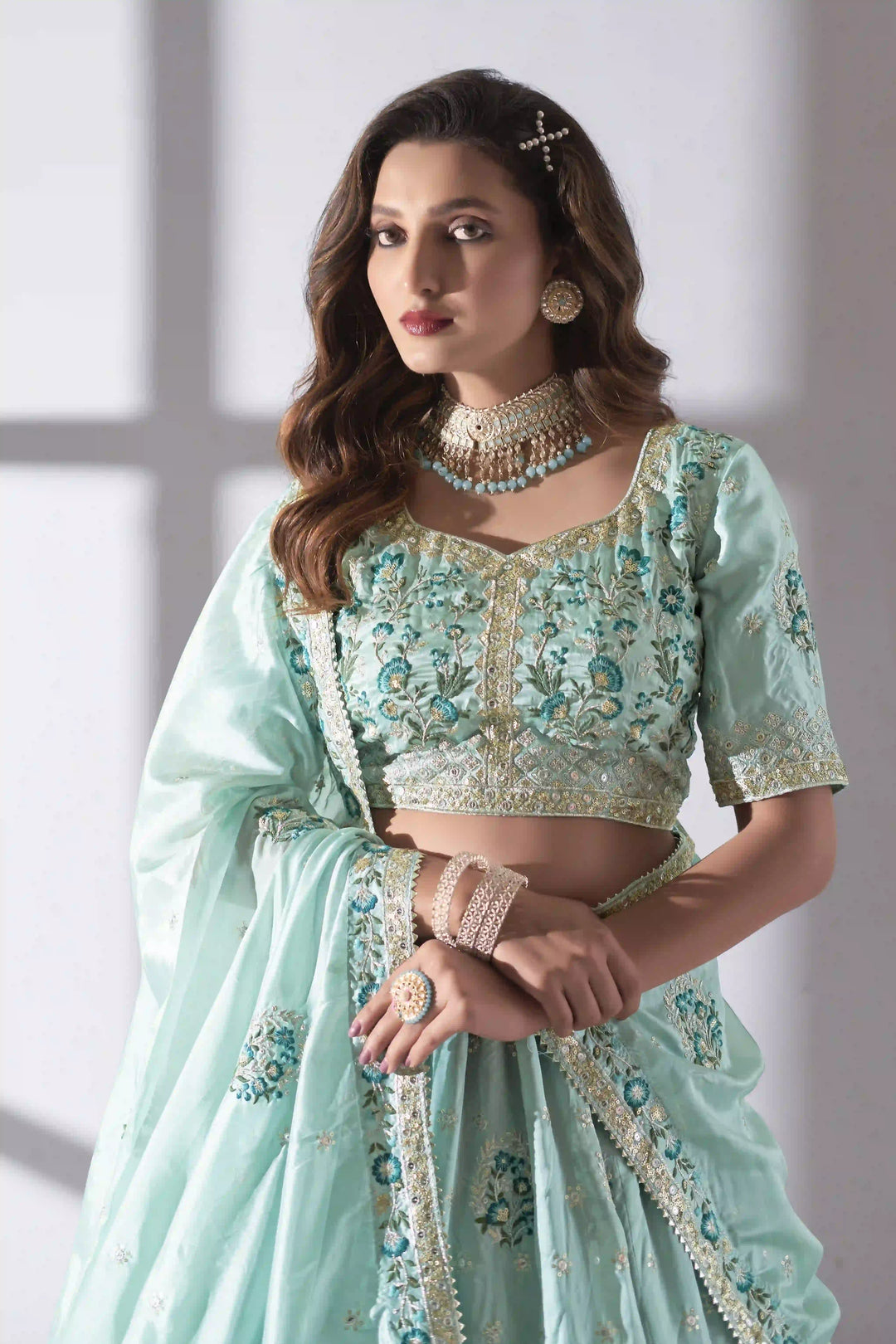 Luxurious Organza Lehenga | Intricate Embroidery & Sequins for Elegance
