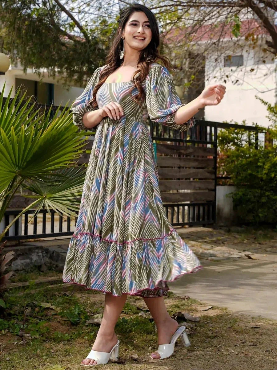 Olive Green Rayon Printed Dress | Flared Long Kurti for Women