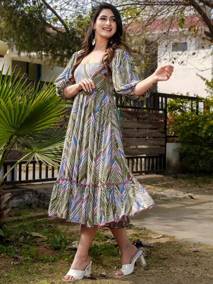 Olive Green Rayon Printed Dress | Flared Long Kurti for Women