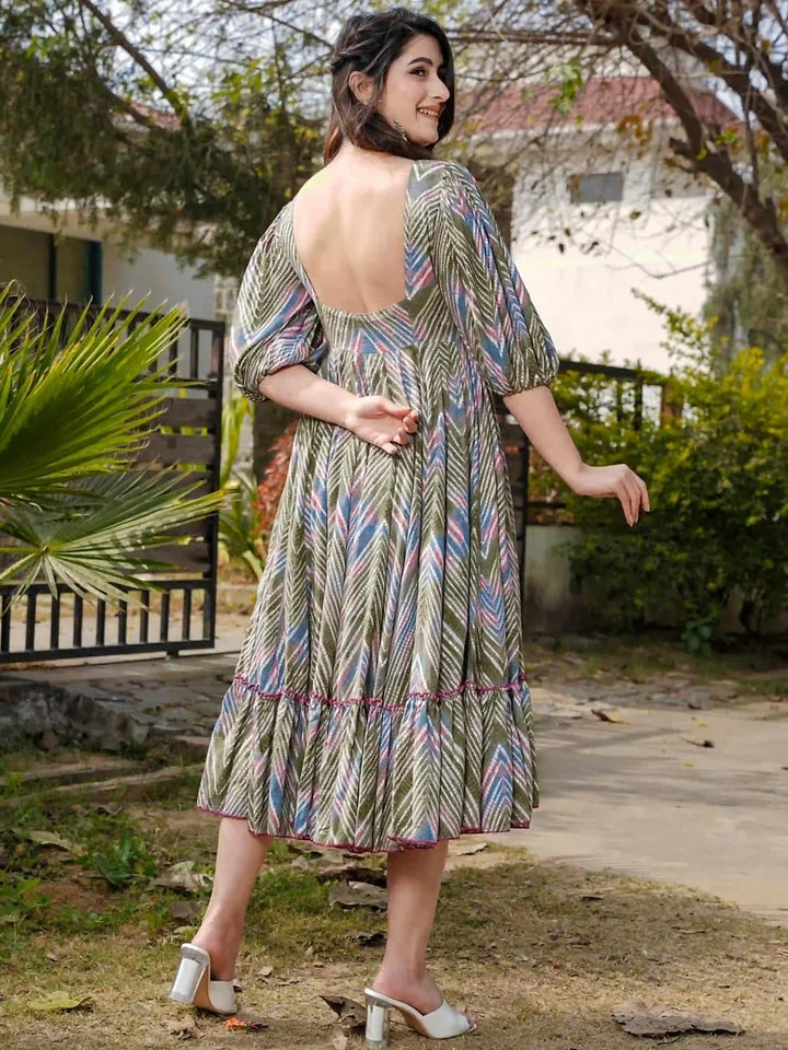 Olive Green Rayon Printed Dress | Flared Long Kurti for Women