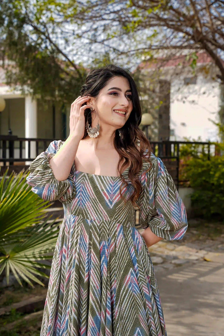 Olive Green Rayon Printed Dress | Flared Long Kurti for Women