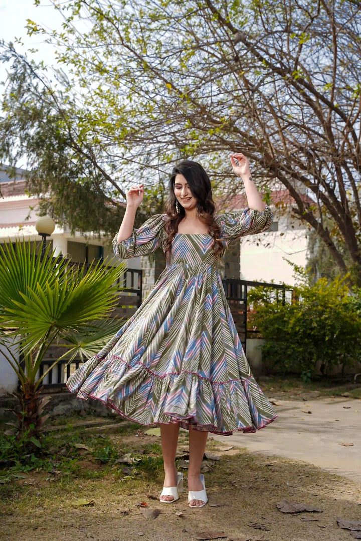 Olive Green Rayon Printed Dress | Flared Long Kurti for Women
