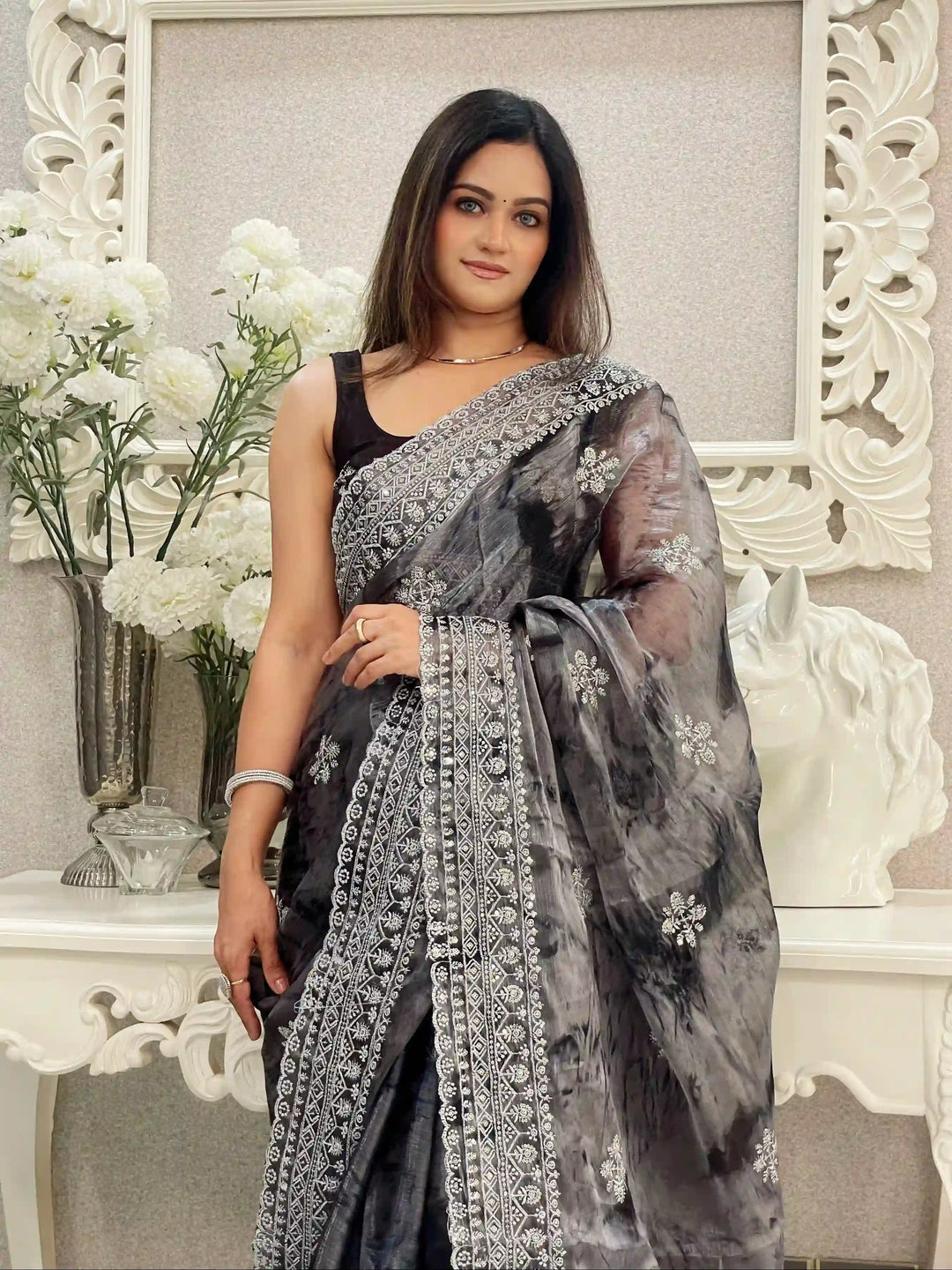 Jimmy-Choo Saree | Banarasi Silk Top & Bottom with Jari Embroidery for Events