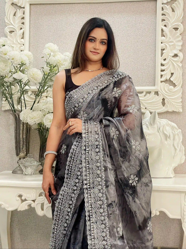 Jimmy-Choo Saree | Banarasi Silk Top & Bottom with Jari Embroidery for Events