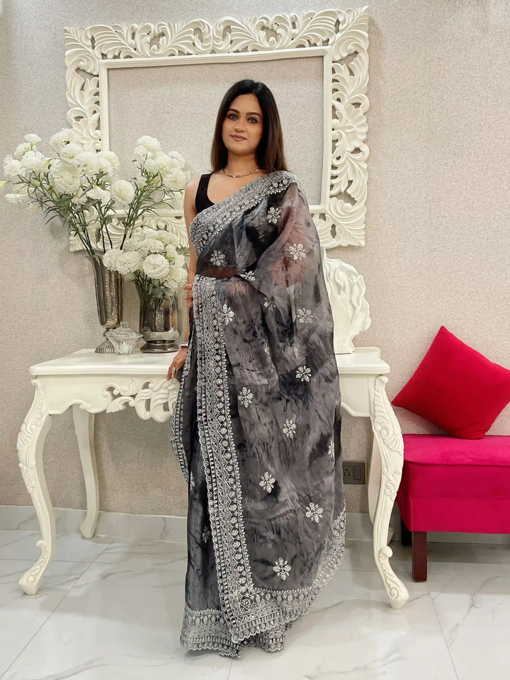 Jimmy-Choo Saree | Banarasi Silk Top & Bottom with Jari Embroidery for Events