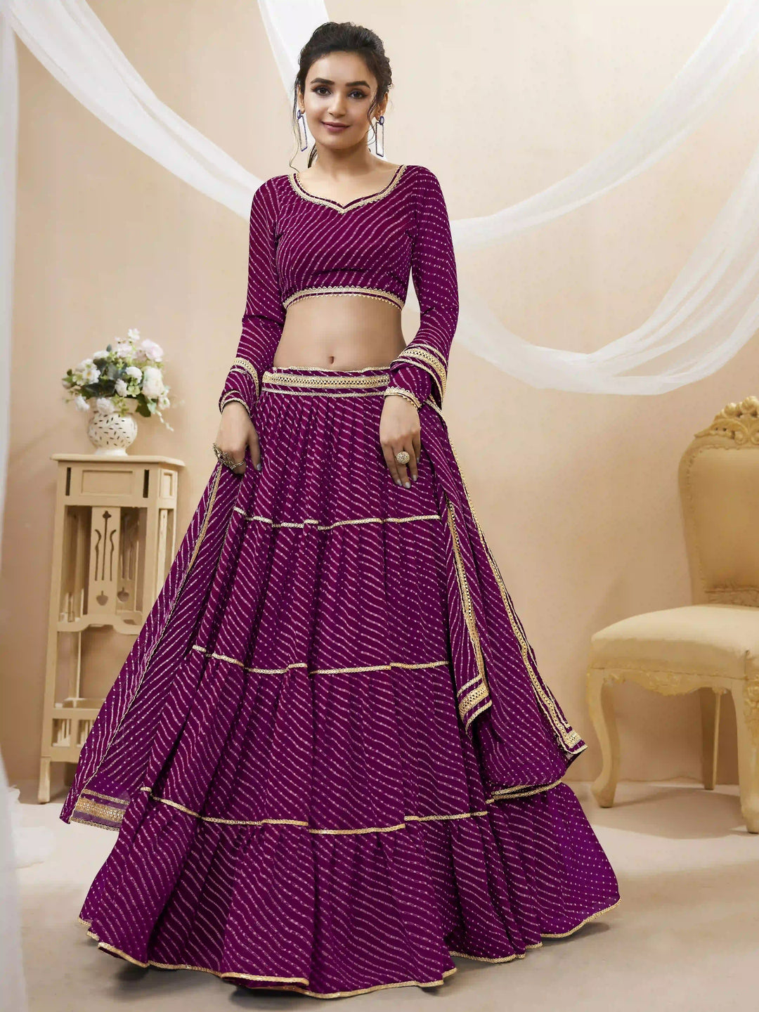 Luxe Georgette Lehenga | Vibrant Laheriya Print & Delicate Lace Work