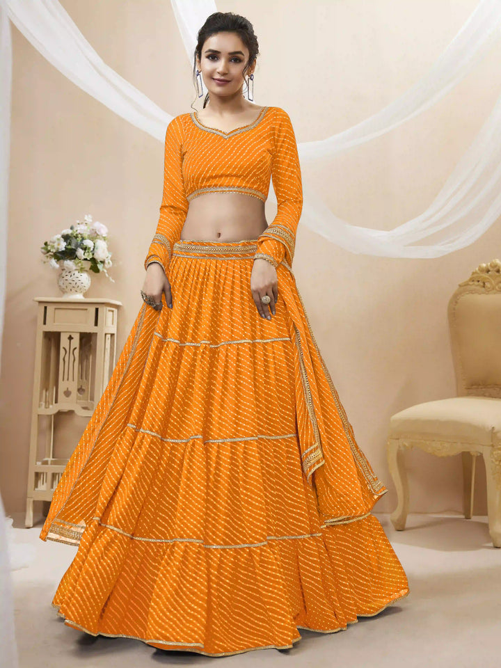 Luxe Georgette Lehenga | Vibrant Laheriya Print & Delicate Lace Work