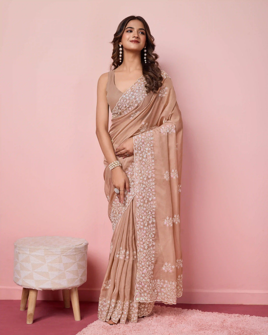 Elegant Tabby Silk Saree with Sequins Embroidery | Perfect for Weddings & Parties
