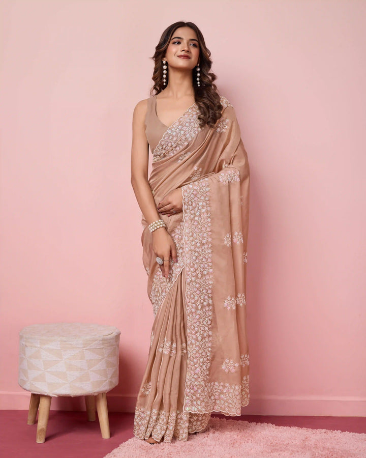 Elegant Tabby Silk Saree with Sequins Embroidery | Perfect for Weddings & Parties