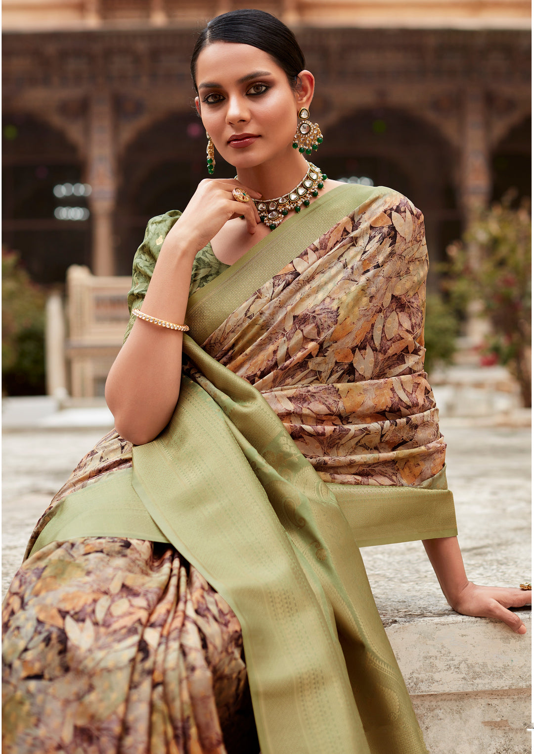 Light Green Tissue Silk Saree with Designer Weaving Border | Digital Print for Special Events