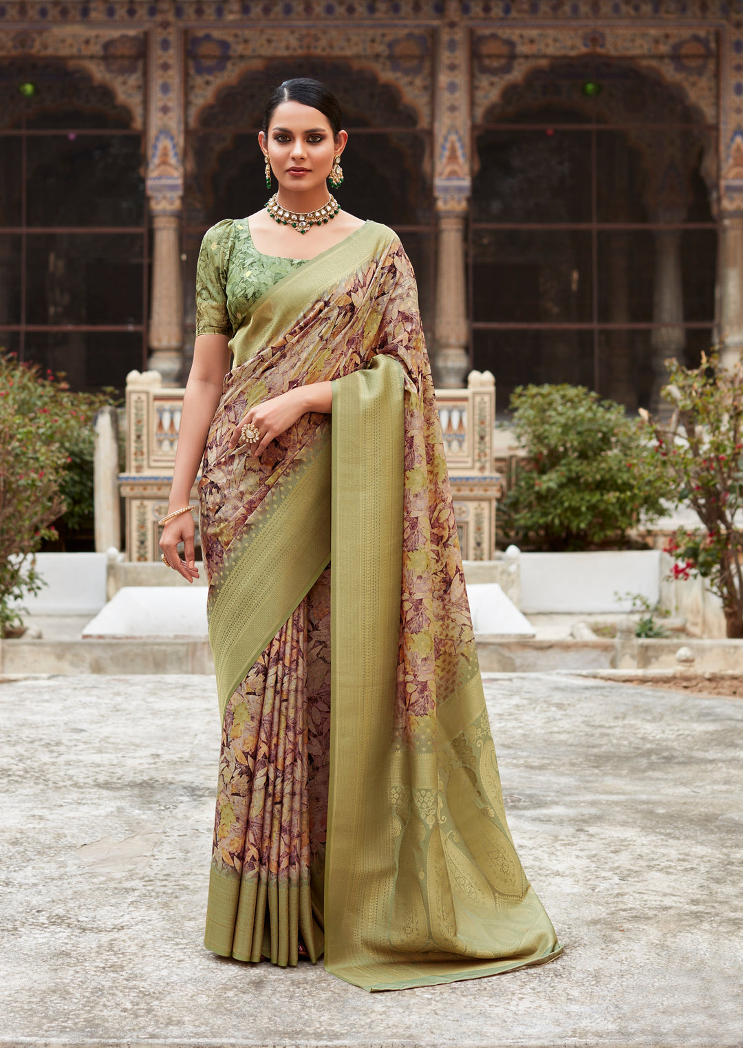 Light Green Tissue Silk Saree with Designer Weaving Border | Digital Print for Special Events