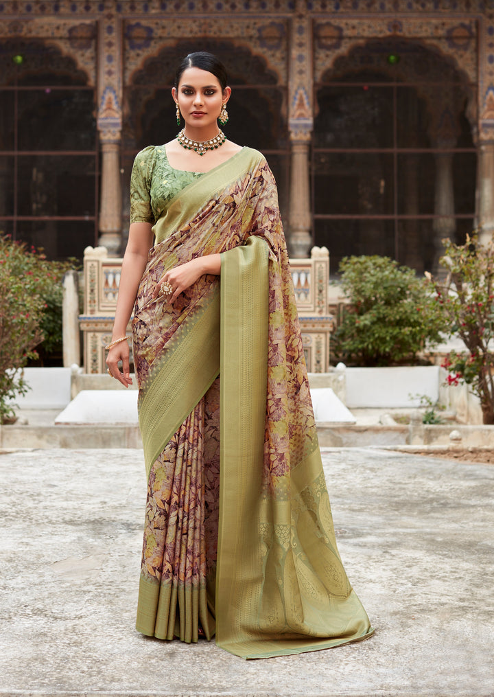 Light Green Tissue Silk Saree with Designer Weaving Border | Digital Print for Special Events