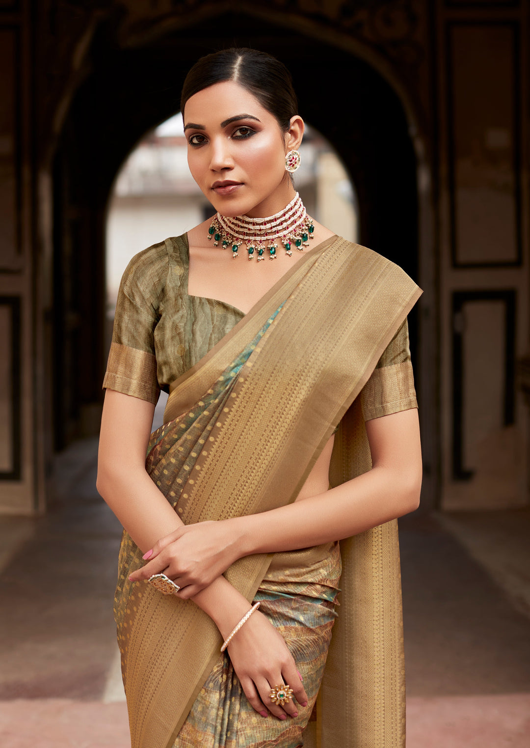 Mustard Green Elegant Tissue-Silk Saree with Designer Weaving Border | Perfect for Weddings & Festive Events