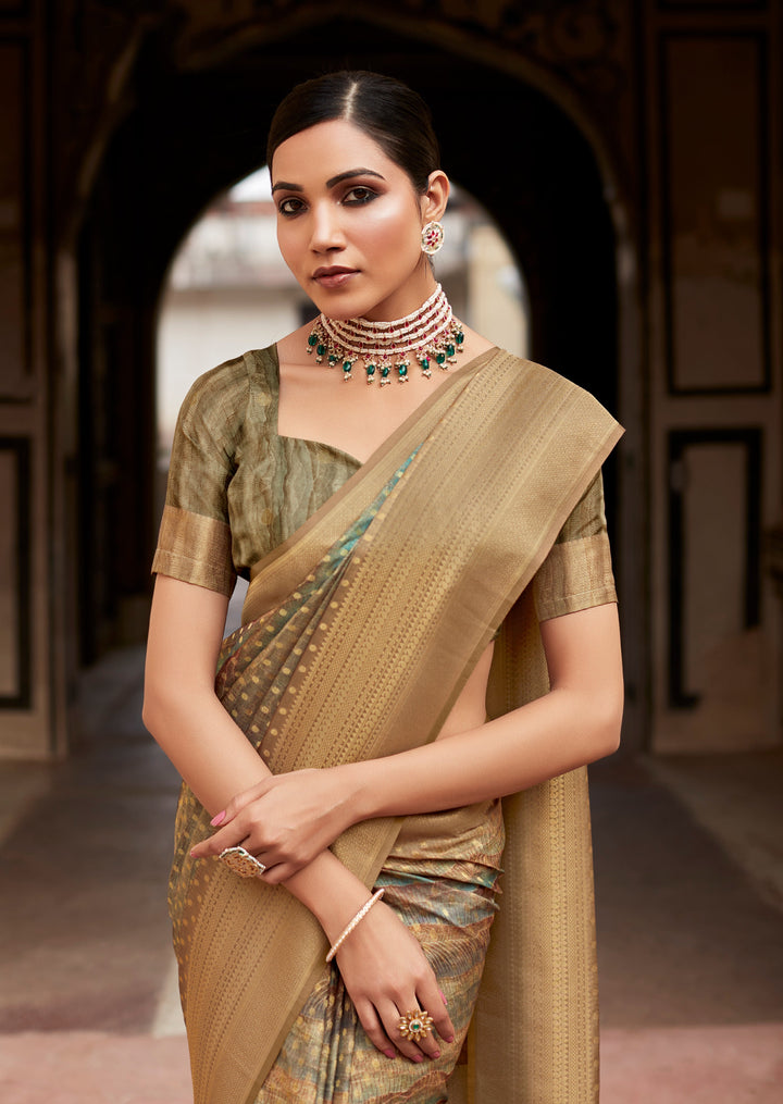 Mustard Green Elegant Tissue-Silk Saree with Designer Weaving Border | Perfect for Weddings & Festive Events