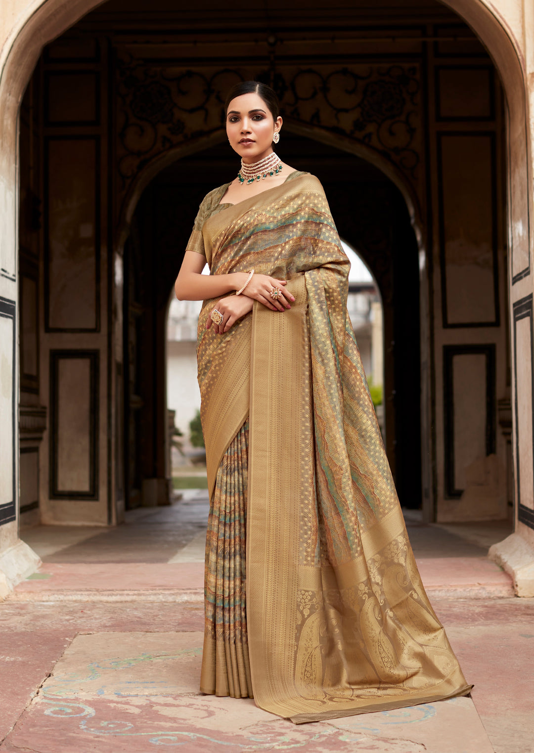 Mustard Green Elegant Tissue-Silk Saree with Designer Weaving Border | Perfect for Weddings & Festive Events