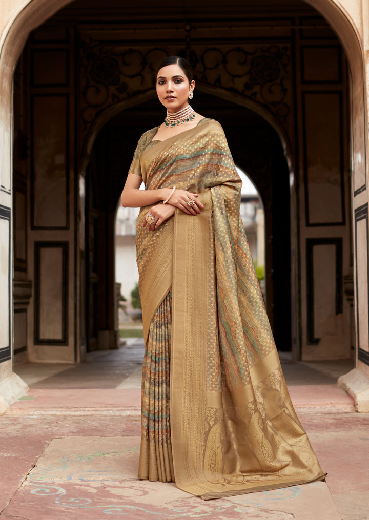 Mustard Green Elegant Tissue-Silk Saree with Designer Weaving Border | Perfect for Weddings & Festive Events