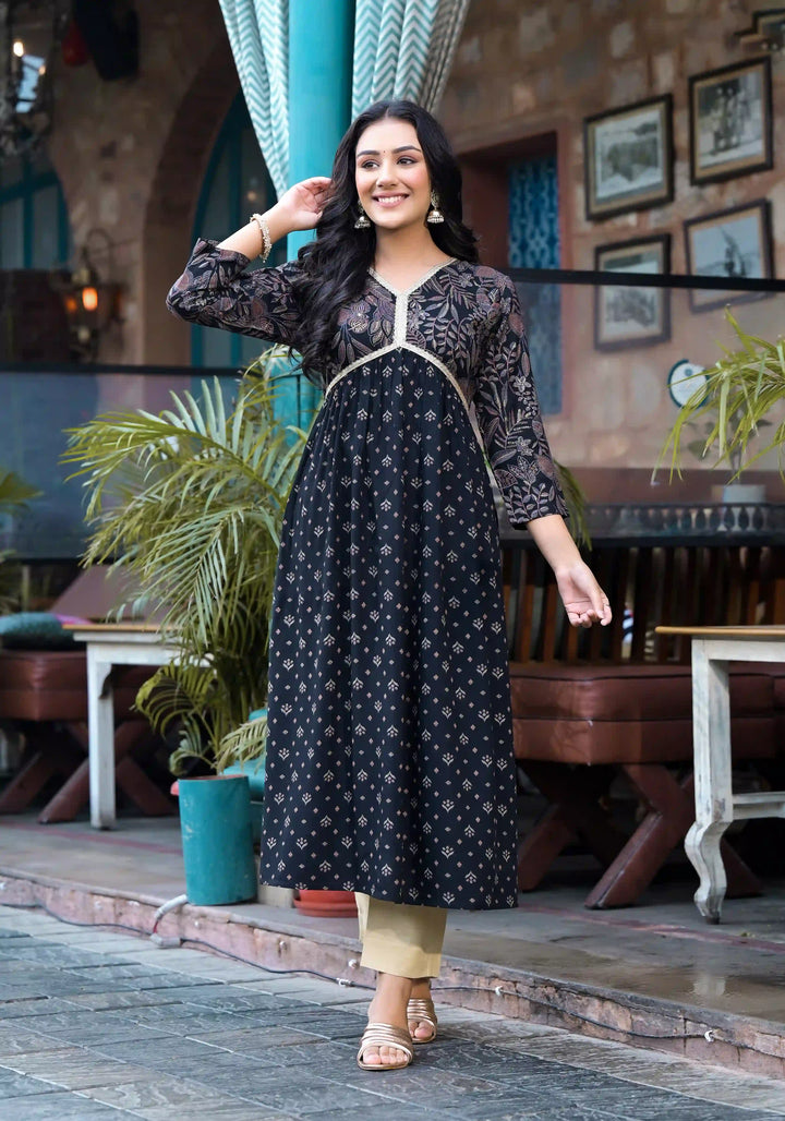 Rayon A-Line Kurti with Pocket | Foil Printed Designer Long Kurta