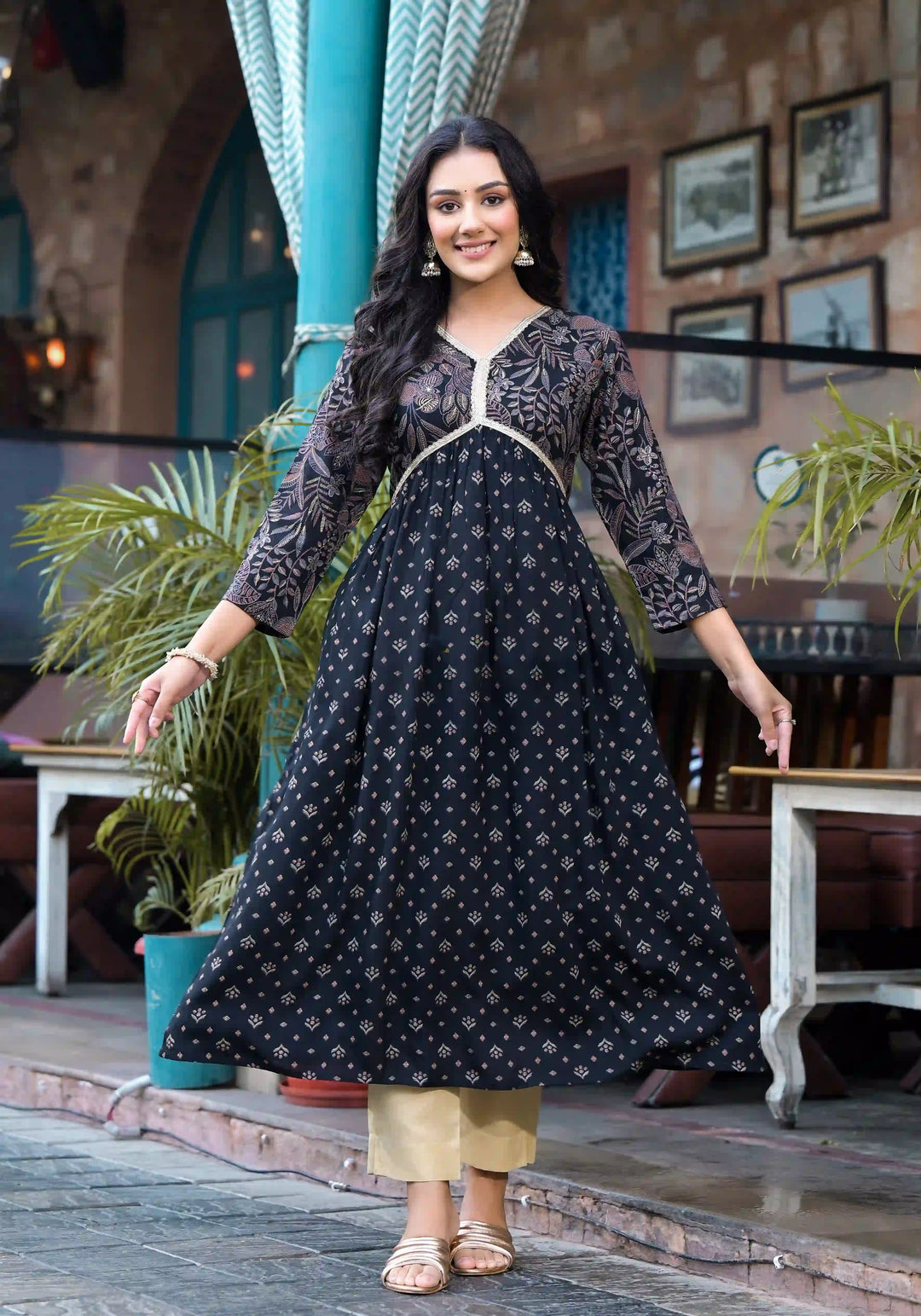 Rayon A-Line Kurti with Pocket | Foil Printed Designer Long Kurta