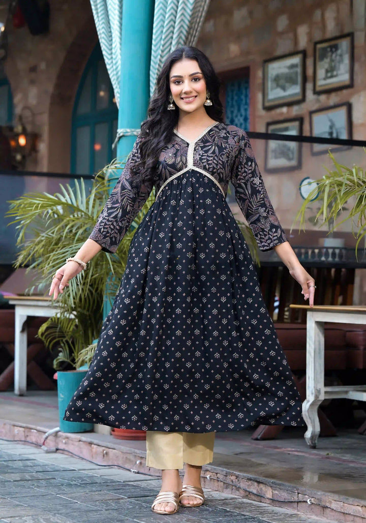 Rayon A-Line Kurti with Pocket | Foil Printed Designer Long Kurta