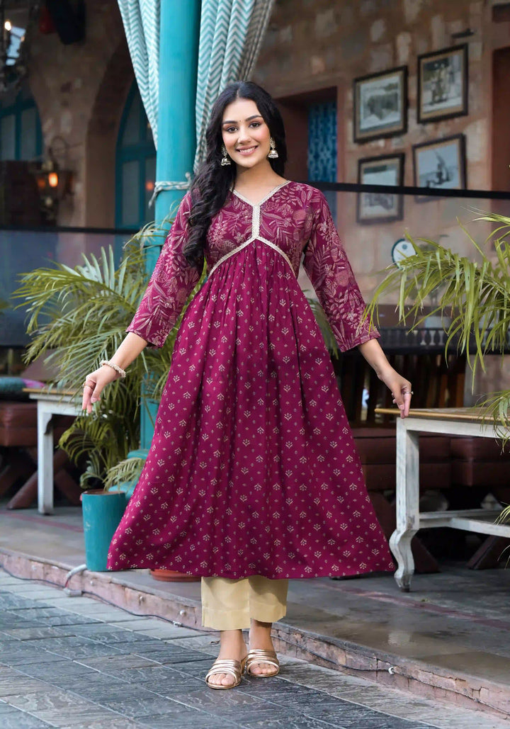 Rayon A-Line Kurti with Pocket | Foil Printed Designer Long Kurta