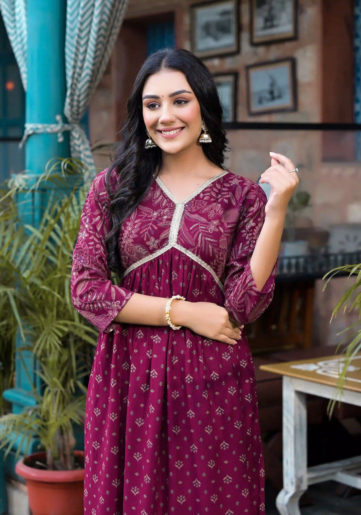 Rayon A-Line Kurti with Pocket | Foil Printed Designer Long Kurta