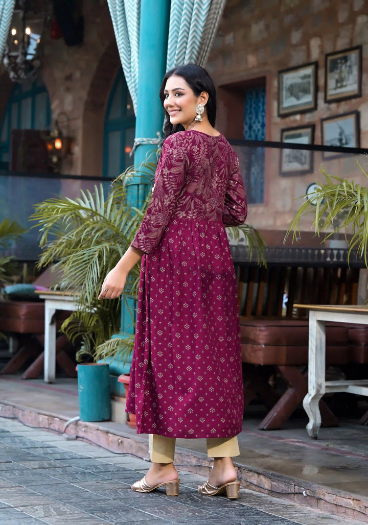Rayon A-Line Kurti with Pocket | Foil Printed Designer Long Kurta