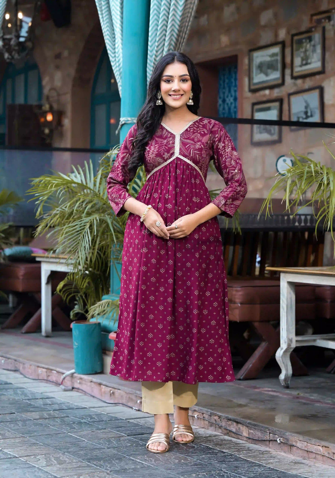 Rayon A-Line Kurti with Pocket | Foil Printed Designer Long Kurta