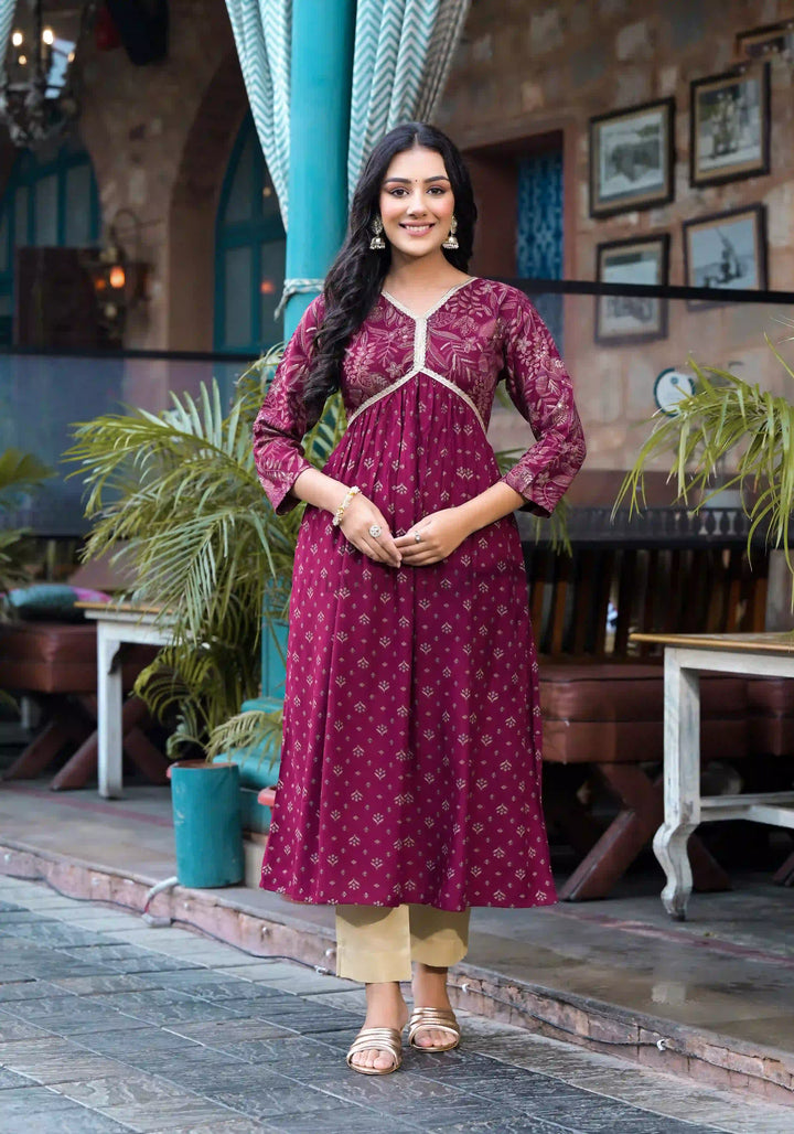 Rayon A-Line Kurti with Pocket | Foil Printed Designer Long Kurta