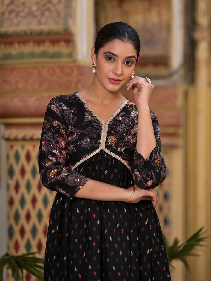 Floral Print Flared Kurta | Designer Foil Printed Long Kurta with Pocket