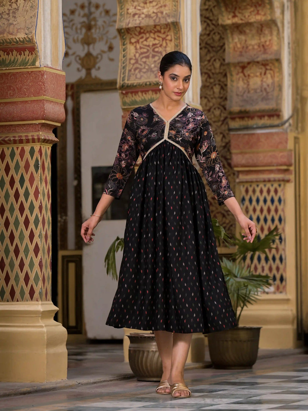 Floral Print Flared Kurta | Designer Foil Printed Long Kurta with Pocket