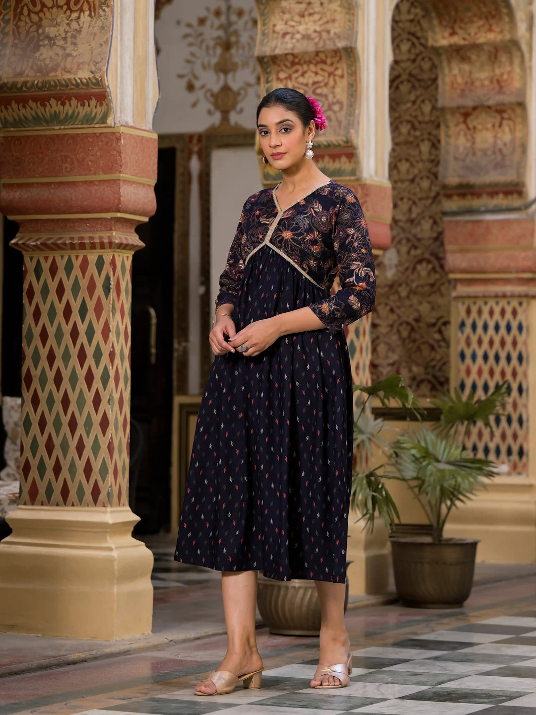 Floral Print Flared Kurta | Designer Foil Printed Long Kurta with Pocket