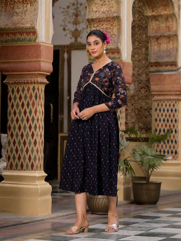 Floral Print Flared Kurta | Designer Foil Printed Long Kurta with Pocket
