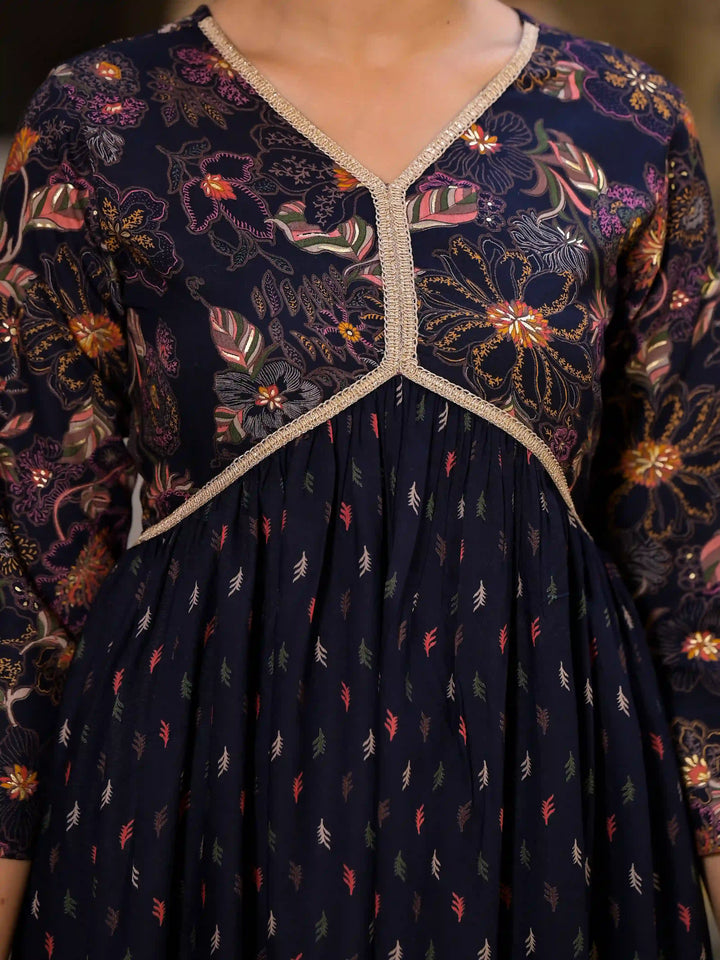 Floral Print Flared Kurta | Designer Foil Printed Long Kurta with Pocket