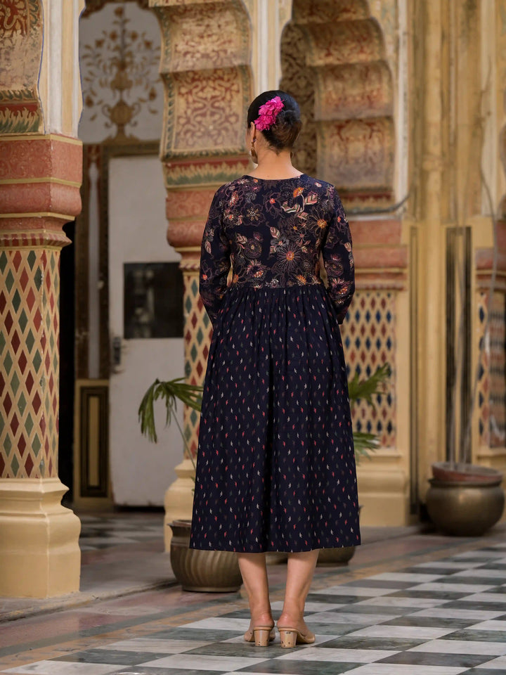 Floral Print Flared Kurta | Designer Foil Printed Long Kurta with Pocket