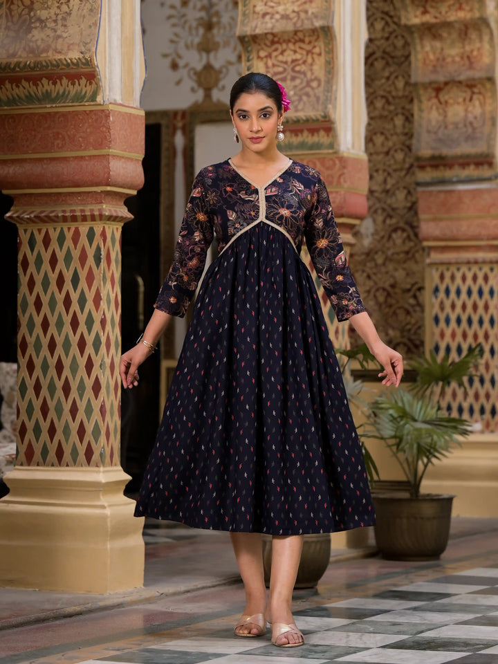 Floral Print Flared Kurta | Designer Foil Printed Long Kurta with Pocket
