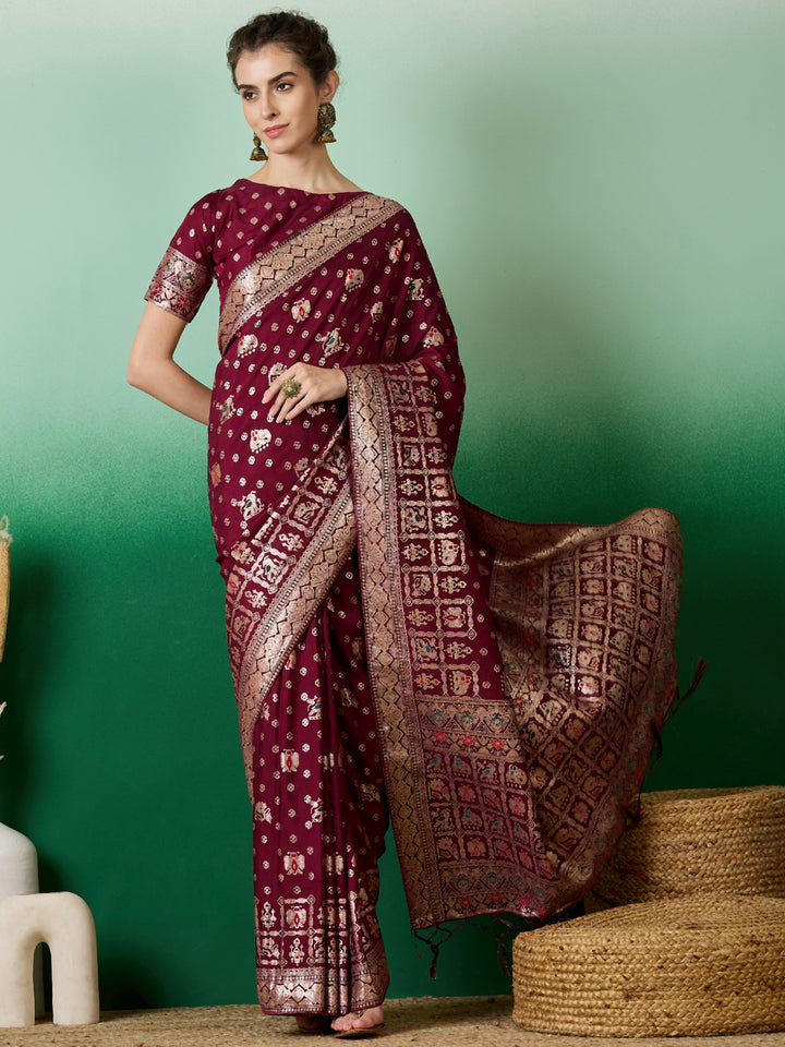 Elegant Wevon Jacquard Designer Saree | Banarasi Silk & Dola Cotton Blend