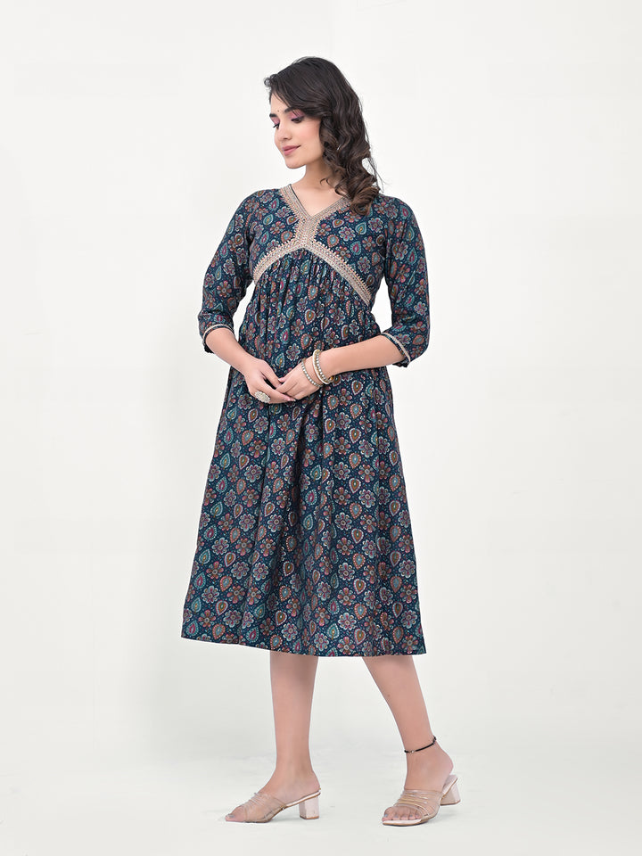 Elegant Navy Blue Long Kurti | Silk Blend with Designer Printed Work